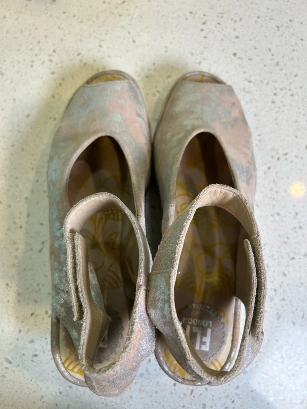 Fly London Yala Corcuma Metallic Rose Wedge Platform Sling‎ Back Sandal Size 8